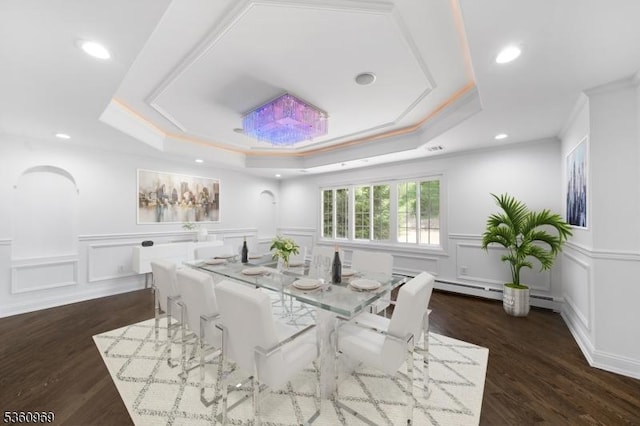 47 Cutlass Rd, Kinnelon Boro, NJ 07405 - dining space featuring a decorative wall, crown molding, a tray ceiling, recessed lighting, and dark wood-style flooring