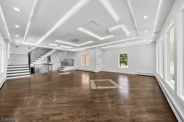 47 Cutlass Rd, Kinnelon Boro, NJ 07405 - unfurnished living room featuring a baseboard heating unit, stairway, wood finished floors, and a baseboard radiator