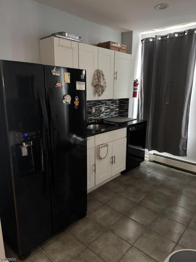 41-43 N 11th St, Paterson City, NJ 07522 - kitchen featuring black appliances, dark countertops, white cabinets, tasteful backsplash, and dark tile patterned floors