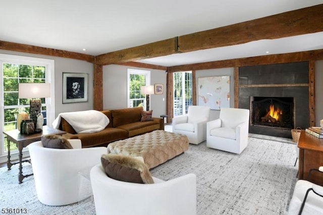 563 Cherry Valley Rd, Montgomery Twp, NJ 08540 - living area with beam ceiling and a fireplace with flush hearth
