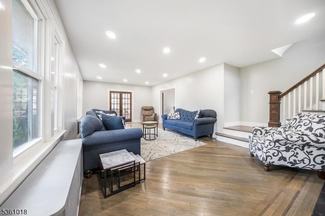 1038 Sherman Ave, Plainfield City, NJ 07063 - living room with hardwood / wood-style flooring, recessed lighting, and stairs