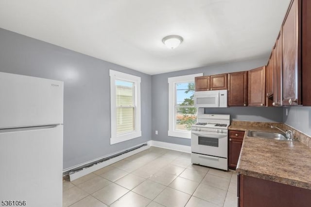 489 Conover Ter, City Of Orange Twp, NJ 07050 - kitchen with white appliances, a sink, baseboard heating, baseboards, and light tile patterned floors