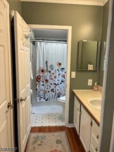 512 Kenbury Rd, Branchburg Twp, NJ 08876 - bathroom featuring vanity, a shower with curtain, wood finished floors, and toilet