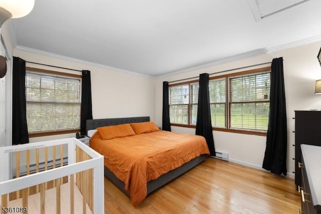 62 Valley View Rd, High Bridge Boro, NJ 08829 - bedroom with ornamental molding, a baseboard radiator, light wood-style flooring, and baseboards