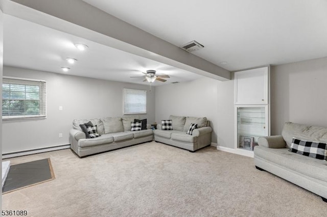 62 Valley View Rd, High Bridge Boro, NJ 08829 - living room with a baseboard radiator, light colored carpet, a ceiling fan, and baseboards