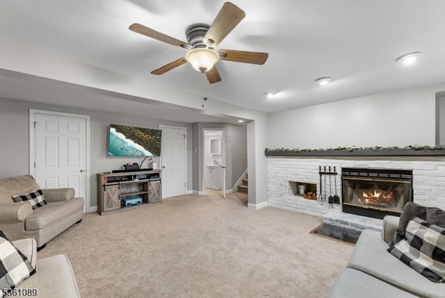 62 Valley View Rd, High Bridge Boro, NJ 08829 - living area with a brick fireplace, stairway, a ceiling fan, baseboards, and light colored carpet