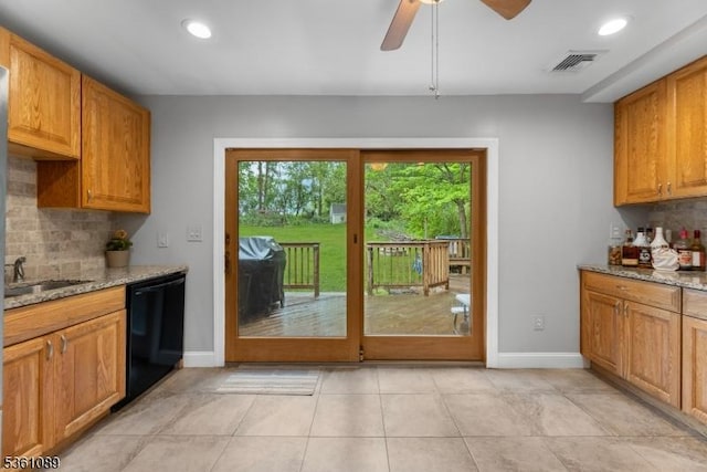 62 Valley View Rd, High Bridge Boro, NJ 08829 - kitchen with dishwasher, decorative backsplash, light stone counters, and recessed lighting