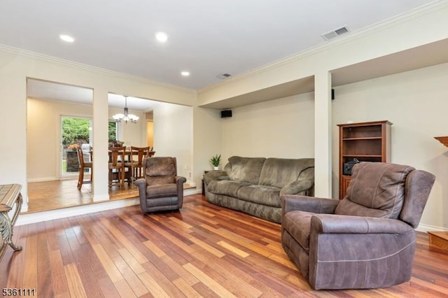 28 Sherbrook Dr, Berkeley Heights Twp, NJ 07922 - living room featuring a chandelier, wood-type flooring, crown molding, and recessed lighting