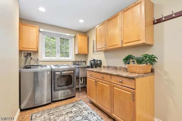 28 Sherbrook Dr, Berkeley Heights Twp, NJ 07922 - laundry area with washing machine and clothes dryer, cabinet space, recessed lighting, and light tile patterned floors
