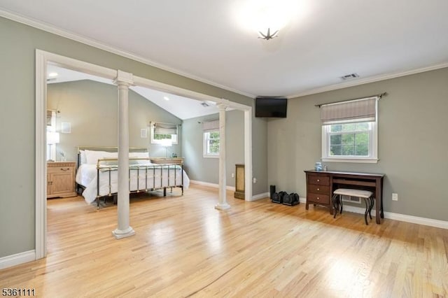 28 Sherbrook Dr, Berkeley Heights Twp, NJ 07922 - bedroom with ornate columns, multiple windows, light wood-style flooring, crown molding, and vaulted ceiling