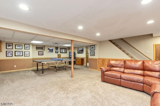 28 Sherbrook Dr, Berkeley Heights Twp, NJ 07922 - recreation room featuring carpet, recessed lighting, a wainscoted wall, and wooden walls