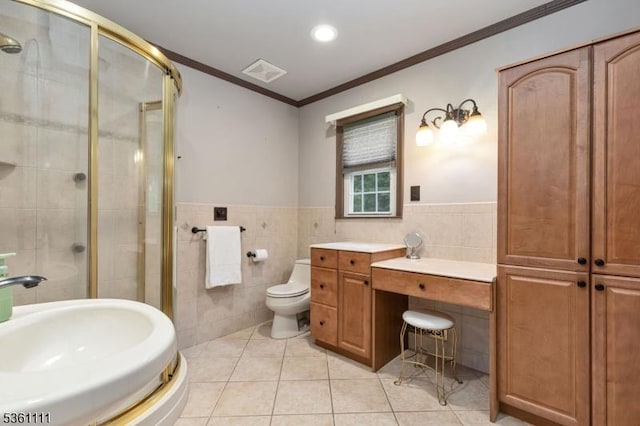 28 Sherbrook Dr, Berkeley Heights Twp, NJ 07922 - bathroom featuring tile walls, ornamental molding, a stall shower, tile patterned floors, and wainscoting