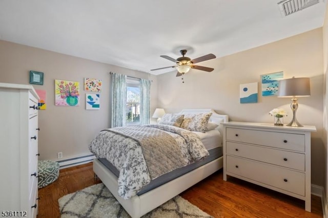13 Henley Ave, Cranford Twp, NJ 07016 - bedroom featuring a baseboard heating unit, dark wood-type flooring, and ceiling fan