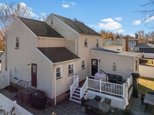 13 Henley Ave, Cranford Twp, NJ 07016 - rear view of property with an outdoor hangout area, a wooden deck, roof with shingles, and a patio area