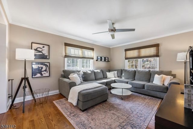 13 Henley Ave, Cranford Twp, NJ 07016 - living room with plenty of natural light, crown molding, a ceiling fan, wood finished floors, and baseboards