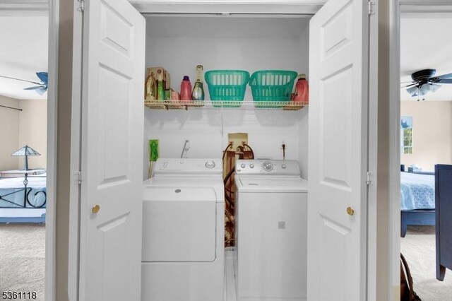 42 Rockcreek Ter Unit 42, Riverdale Boro, NJ 07457 - laundry room with washer and clothes dryer and a ceiling fan