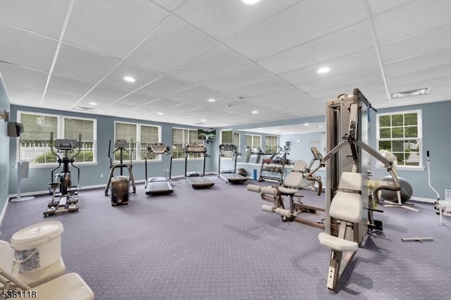 42 Rockcreek Ter Unit 42, Riverdale Boro, NJ 07457 - gym featuring a paneled ceiling, baseboards, healthy amount of natural light, and recessed lighting