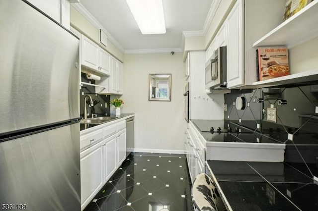 10 Smith Manor Blvd Unit 514, West Orange Twp, NJ 07052 - kitchen featuring stainless steel appliances, crown molding, white cabinetry, a sink, and baseboards