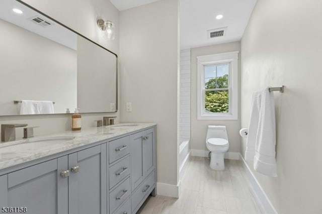 48 Hunterdon Blvd, Berkeley Heights Twp, NJ 07974 - full bathroom with double vanity, recessed lighting, and bathtub / shower combination