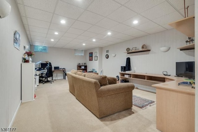12 Fox Hollow Rd, Montville Twp, NJ 07045 - living room featuring light colored carpet, a desk, recessed lighting, and a drop ceiling