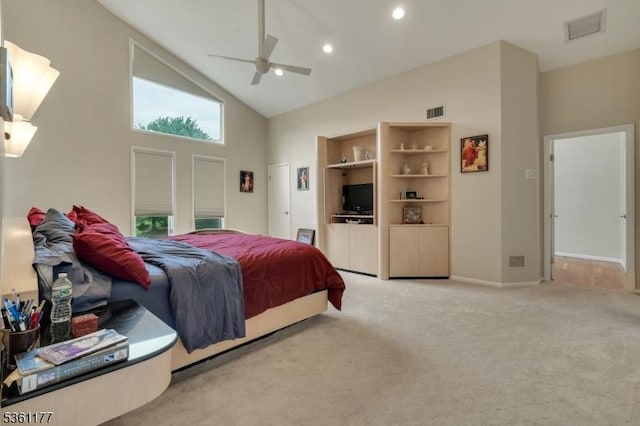 12 Fox Hollow Rd, Montville Twp, NJ 07045 - bedroom with light carpet, high vaulted ceiling, baseboards, a ceiling fan, and recessed lighting