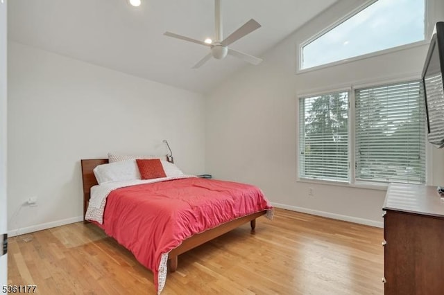 12 Fox Hollow Rd, Montville Twp, NJ 07045 - bedroom featuring light wood-style flooring, baseboards, high vaulted ceiling, and a ceiling fan