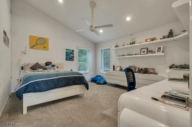 12 Fox Hollow Rd, Montville Twp, NJ 07045 - bedroom with carpet, recessed lighting, a ceiling fan, baseboards, and high vaulted ceiling
