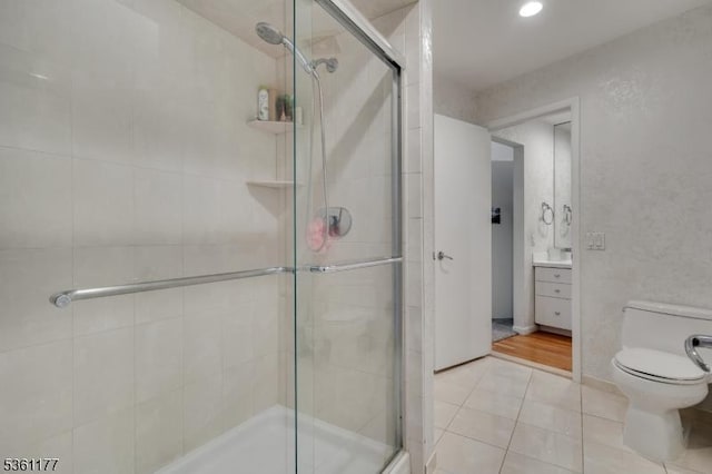 12 Fox Hollow Rd, Montville Twp, NJ 07045 - full bathroom with a shower stall, toilet, vanity, tile patterned flooring, and recessed lighting