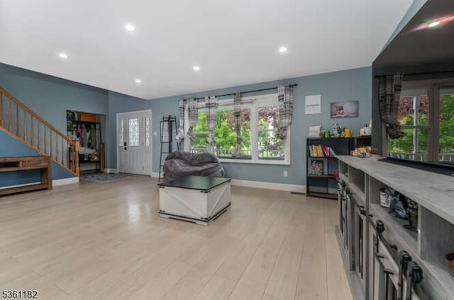 11 Spring Mdw, Oxford Twp, NJ 07863 - living area with plenty of natural light, light wood finished floors, recessed lighting, and stairs