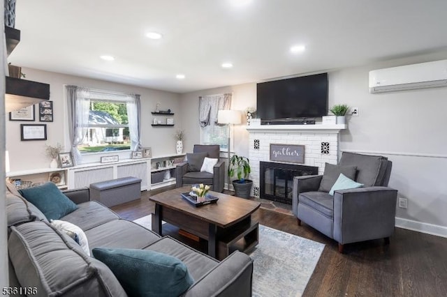 17 Woodstone Rd, Rockaway Boro, NJ 07866 - living area featuring a wall mounted air conditioner, a fireplace, wood finished floors, recessed lighting, and baseboards