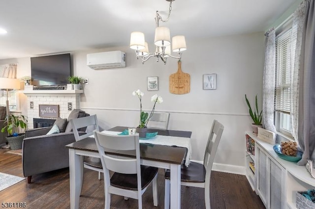 17 Woodstone Rd, Rockaway Boro, NJ 07866 - dining space featuring a wall mounted AC, a chandelier, healthy amount of natural light, and wood finished floors