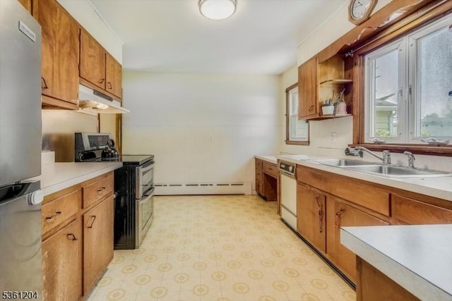 260 Munsonhurst Rd, Franklin Boro, NJ 07416 - kitchen featuring appliances with stainless steel finishes, a baseboard radiator, under cabinet range hood, light countertops, and brown cabinets