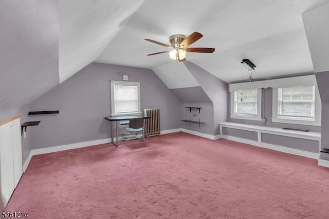 53 Elliot Pl, East Orange City, NJ 07018 - additional living space featuring radiator heating unit, vaulted ceiling, ceiling fan, carpet flooring, and baseboards