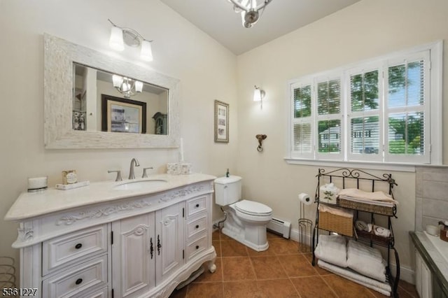 10 Fawn Ter, Jefferson Twp, NJ 07849 - bathroom featuring vanity, a baseboard heating unit, toilet, and tile patterned floors