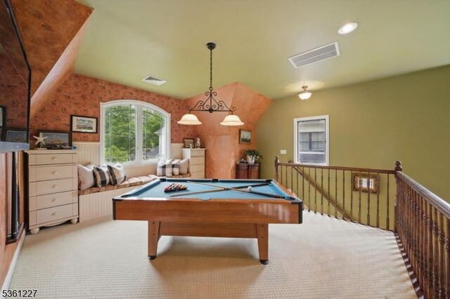 10 Fawn Ter, Jefferson Twp, NJ 07849 - playroom featuring billiards table, lofted ceiling, carpet flooring, and a wainscoted wall