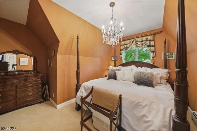 10 Fawn Ter, Jefferson Twp, NJ 07849 - bedroom featuring a chandelier, baseboard heating, light colored carpet, lofted ceiling, and baseboards