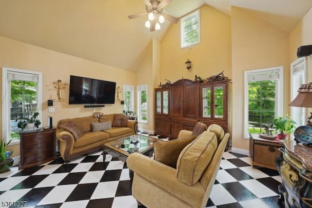 10 Fawn Ter, Jefferson Twp, NJ 07849 - living area featuring tile patterned floors, high vaulted ceiling, ceiling fan, and baseboards