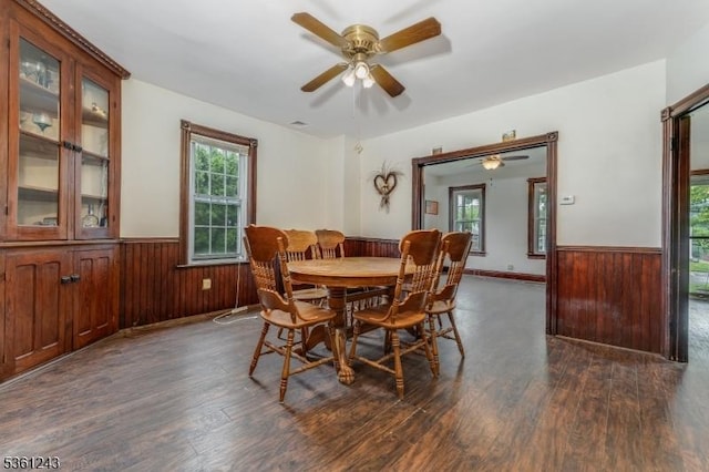126 Park Ave, Lopatcong Twp, NJ 08865 - dining room featuring wainscoting, dark wood-style floors, a ceiling fan, and wood walls