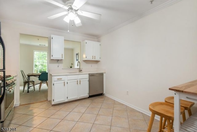 212 Riveredge Dr Unit 212, Chatham Twp, NJ 07928 - kitchen with appliances with stainless steel finishes, a sink, light countertops, white cabinets, and ornamental molding