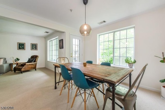 212 Riveredge Dr Unit 212, Chatham Twp, NJ 07928 - dining room with baseboards, light colored carpet, and crown molding