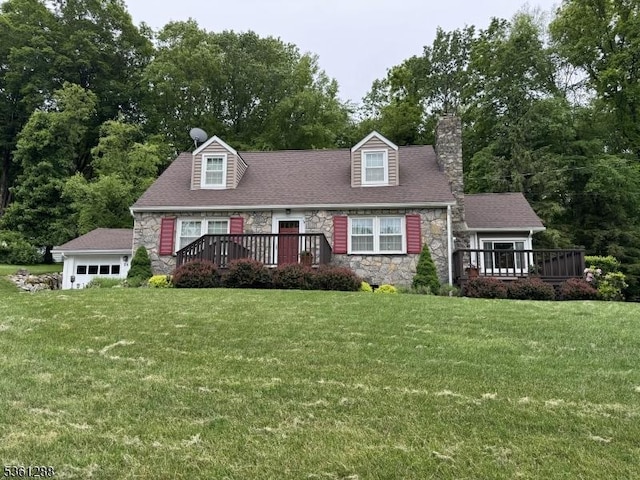 24 W Windy Bush Ln, Sparta Twp, NJ 07871 - cape cod home featuring stone siding, a chimney, a front yard, and a deck