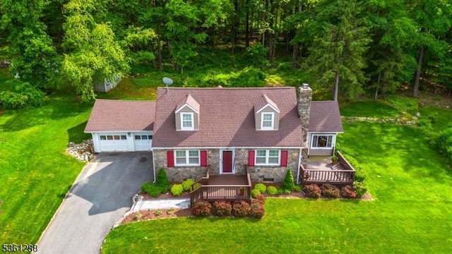 24 W Windy Bush Ln, Sparta Twp, NJ 07871 - cape cod-style house featuring driveway, a chimney, stone siding, a garage, and a front lawn