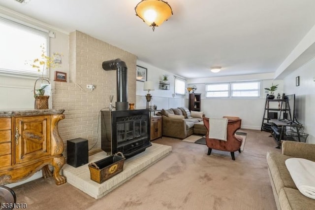 1 Hollywood Dr, Woodbridge Twp, NJ 07095 - living room with a wood stove and light colored carpet