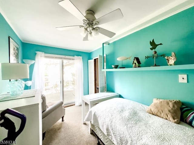 51 Minnehaha Blvd, Parsippany-Troy Hills Twp, NJ 07034 - bedroom featuring access to exterior, ornamental molding, carpet floors, and ceiling fan