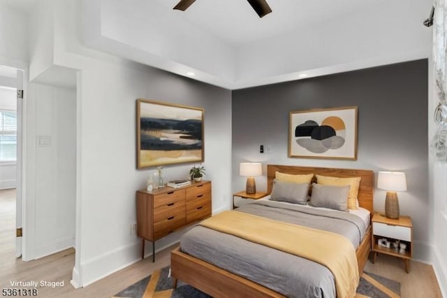 39 Johnson Rd, West Orange Twp, NJ 07052 - bedroom with light wood finished floors, baseboards, a tray ceiling, recessed lighting, and ceiling fan
