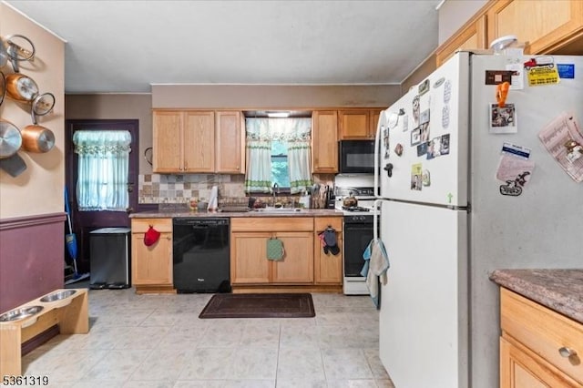 1337 State Route 57, Mansfield Twp, NJ 07865 - kitchen with black appliances, light brown cabinetry, a sink, and tasteful backsplash