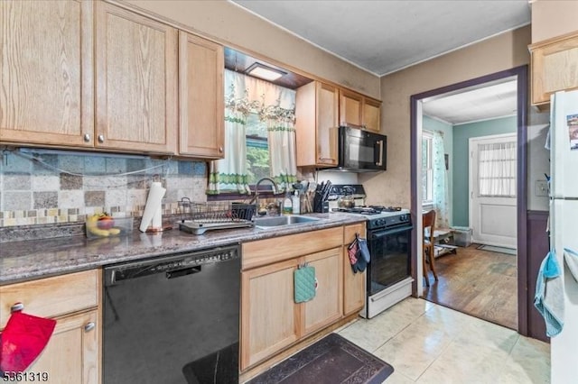 1337 State Route 57, Mansfield Twp, NJ 07865 - kitchen featuring black appliances, light brown cabinets, a sink, tasteful backsplash, and dark countertops