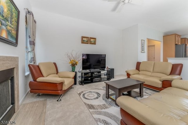 1 Elm St, High Bridge Boro, NJ 08829 - living area featuring light colored carpet, a fireplace, and ceiling fan