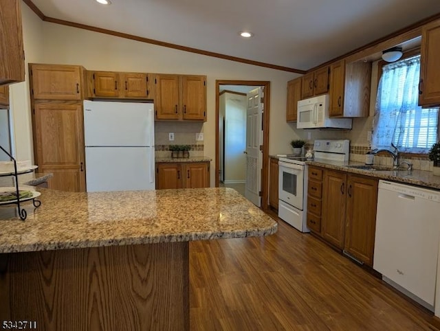 4 Stone Hill Ln, White Twp, NJ 07823 - kitchen with white appliances, ornamental molding, a sink, backsplash, and lofted ceiling