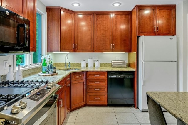 908 Willow Grove Rd, Westfield Town, NJ 07090 - kitchen featuring black appliances, a sink, light stone countertops, light tile patterned flooring, and recessed lighting